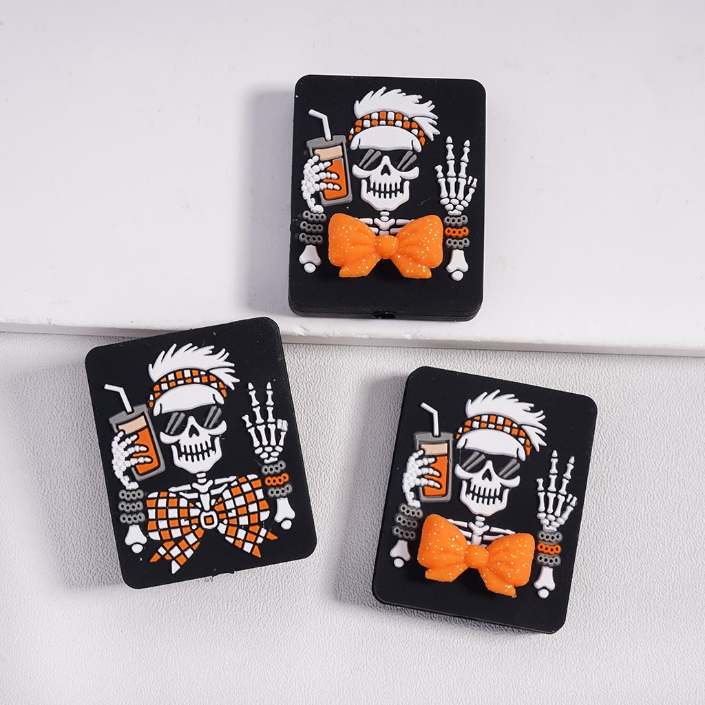 Cool skeleton Making "V" Sign and Holding Drink Cup & Glittery Bowtie Design Black Flat Rectangle Shape Silicone Focal Beads