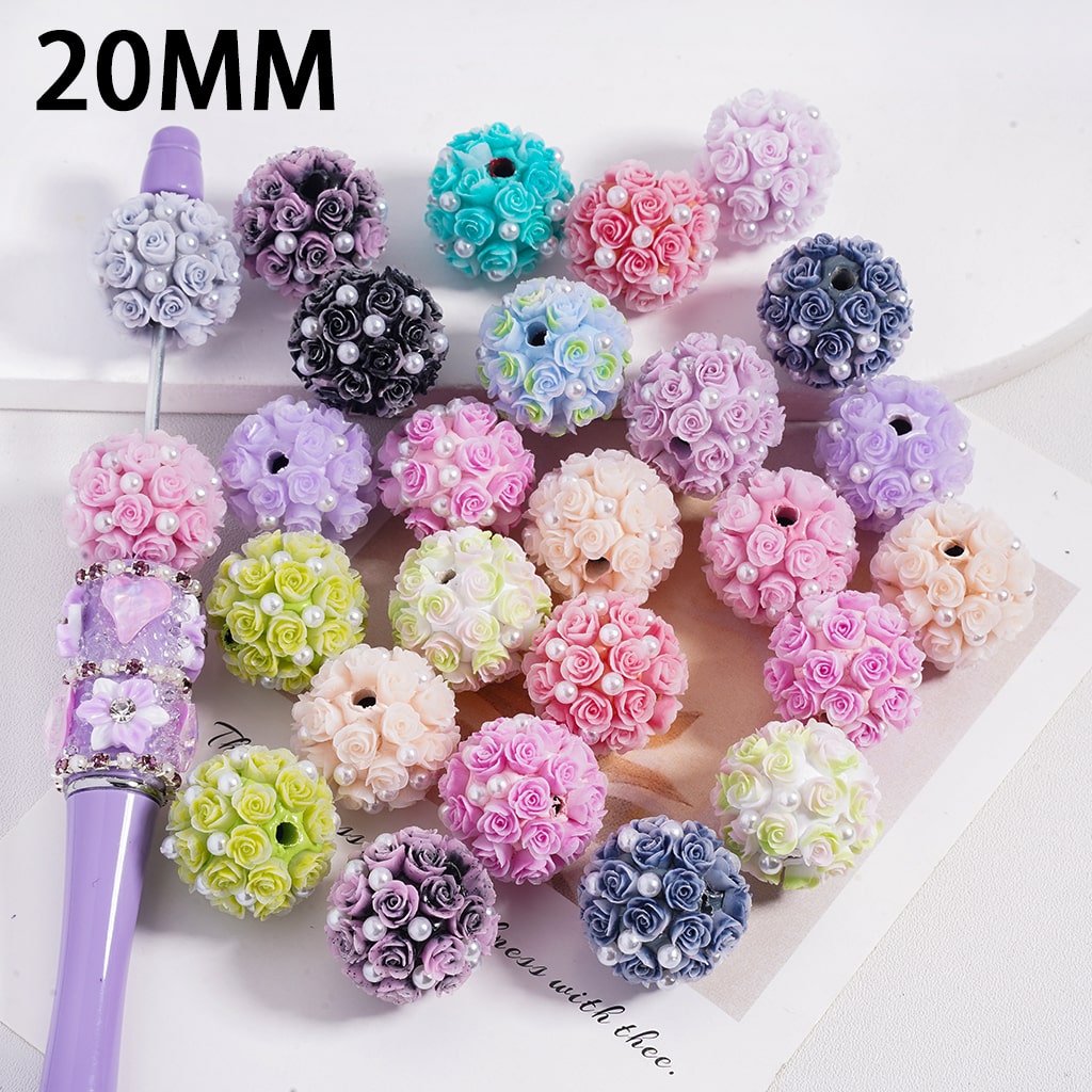 Garden Charm Rose Flower with White Pearl Multi-Color Round Clay Beads 20MM, Random Mix