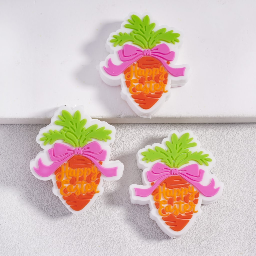 Carrot with Pink Bowtie & Green Leaves “Happy Easter” Silicone Focal Beads