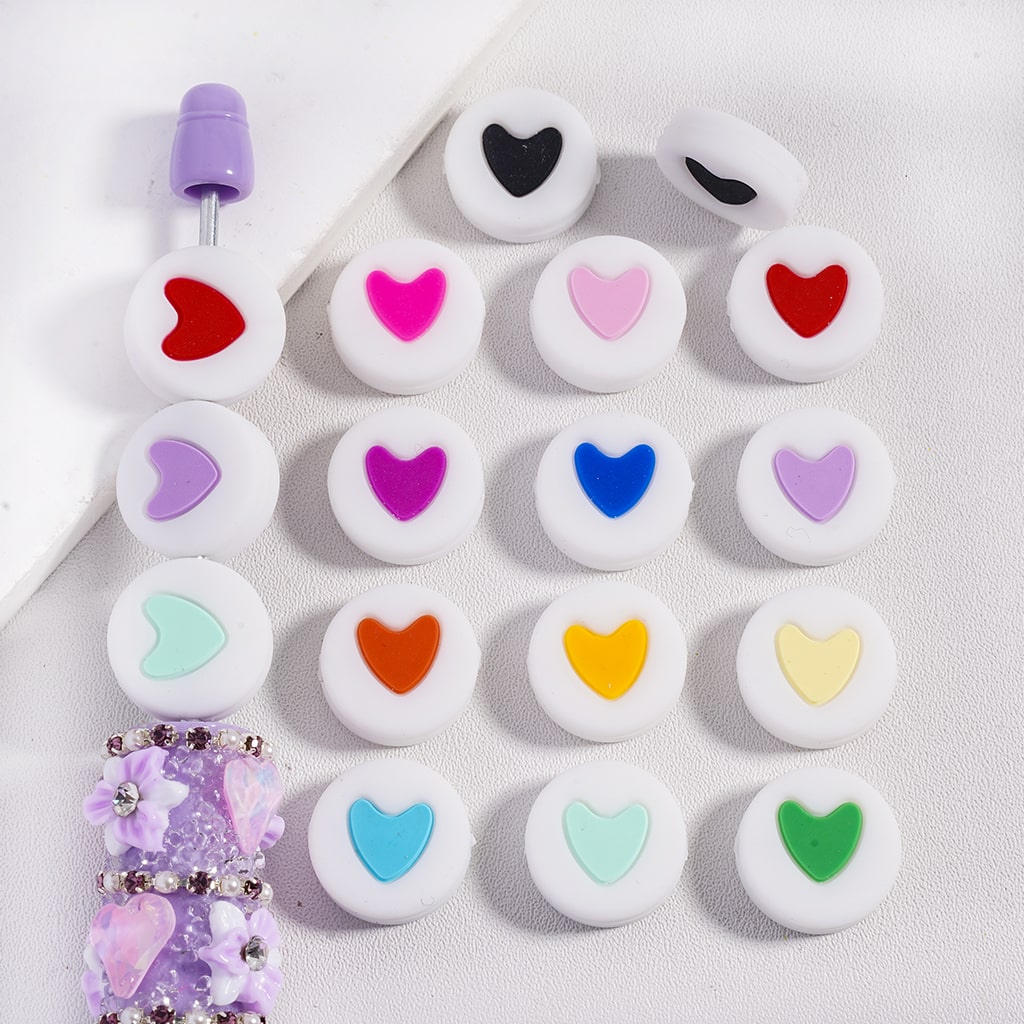 Flat Round White Silicone Beads with Colorful Heart Design Random Mix Horizontal Hole