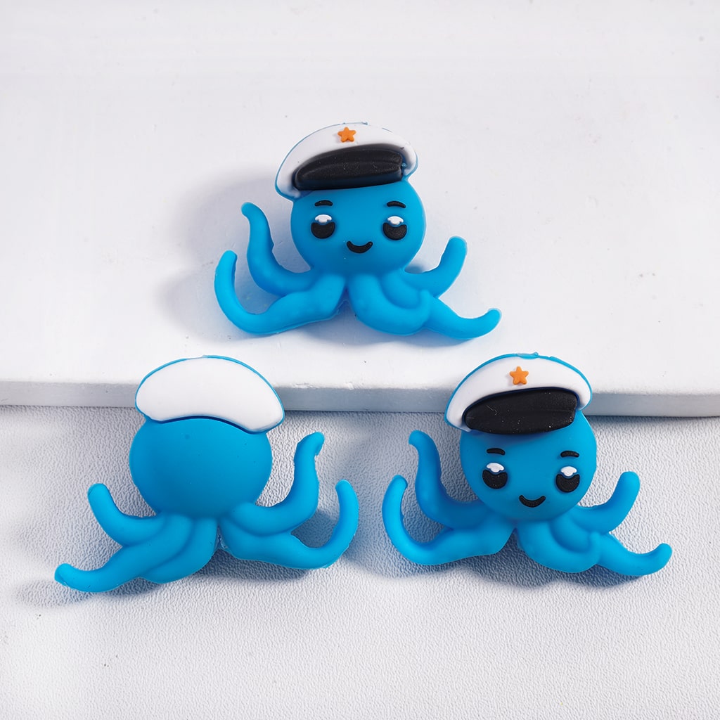 3D Smiling Blue Octopus Character with Captain Hat Silicone Focal Beads