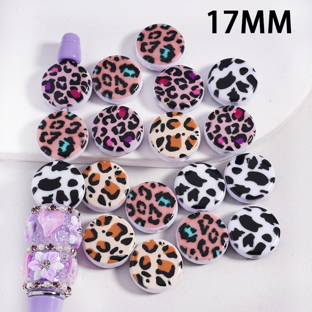 Leopard Prints Flat Round Shape Acrylic Beads 17MM, Random Mix