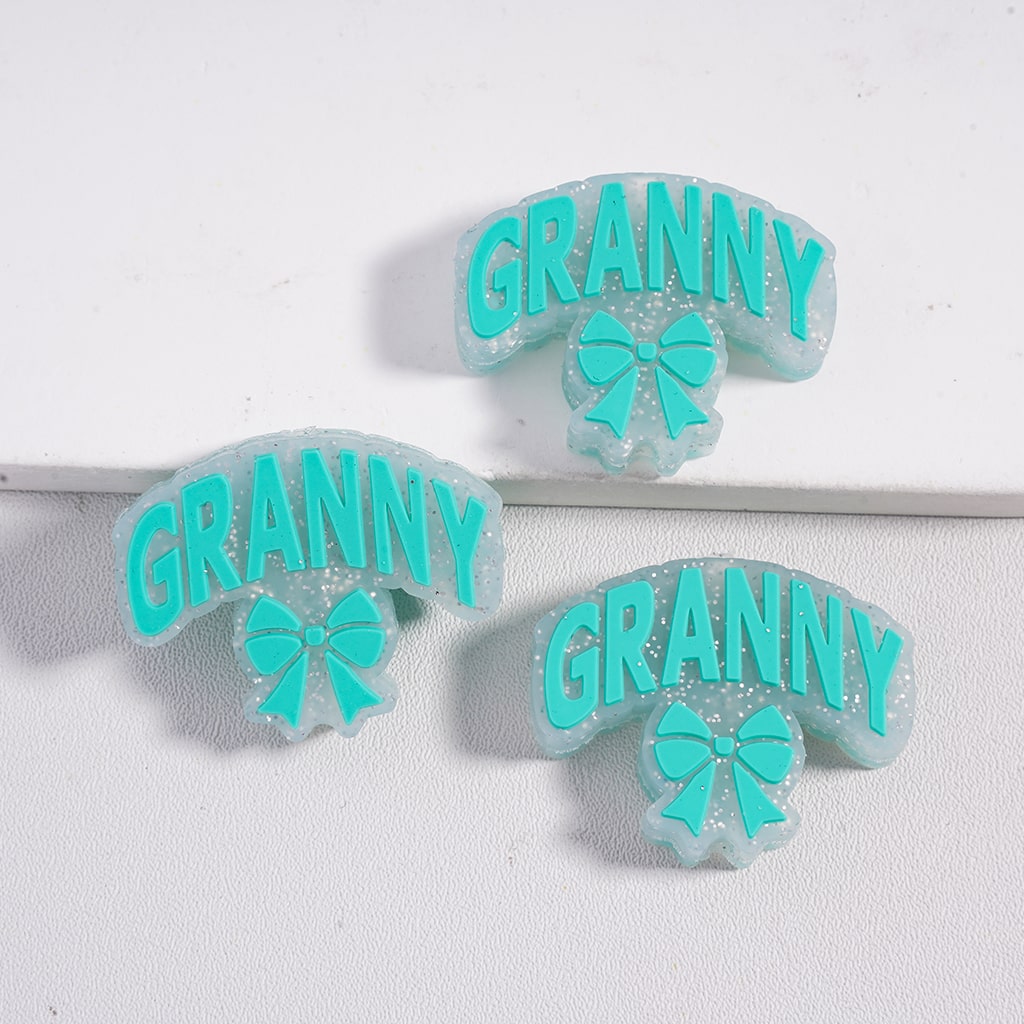 Silver Glitter with Text "Granny" and Bowtie Pink & Teal Granny Silicone Focal Beads