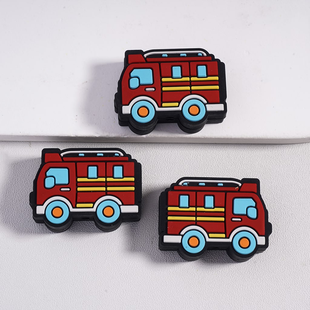 3D Mini Fire Fighting Truck Blue Wheels Silicone Focal Beads
