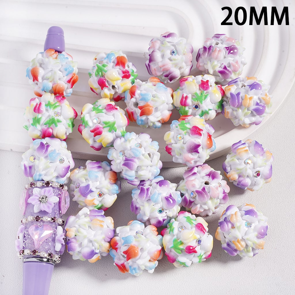 Double‑Color Tulip Flowers with Multi‑Color AB Rhinestones, Round Clay Beads 20MM Random Mix
