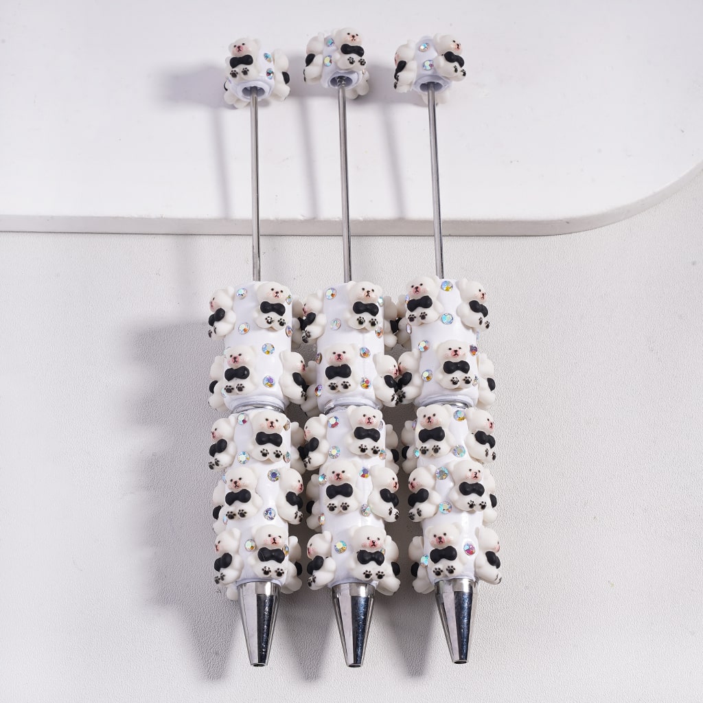 Cute Mini White Bear with Black Bowtie, AB Rhinestones & White Pearl Beadable Clay Pen