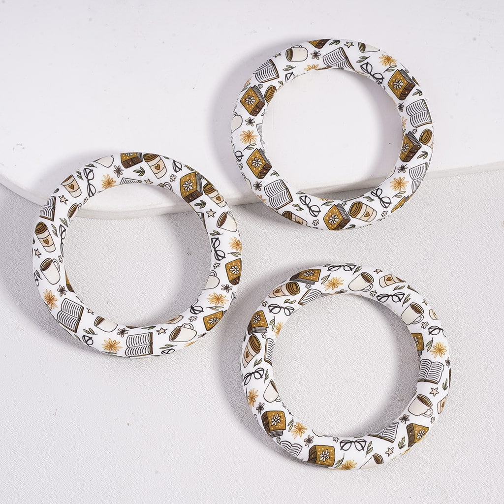 Soft Round Ring with Book and Coffee Cup Prints Multi-Color Silicone Focal Beads 65mm