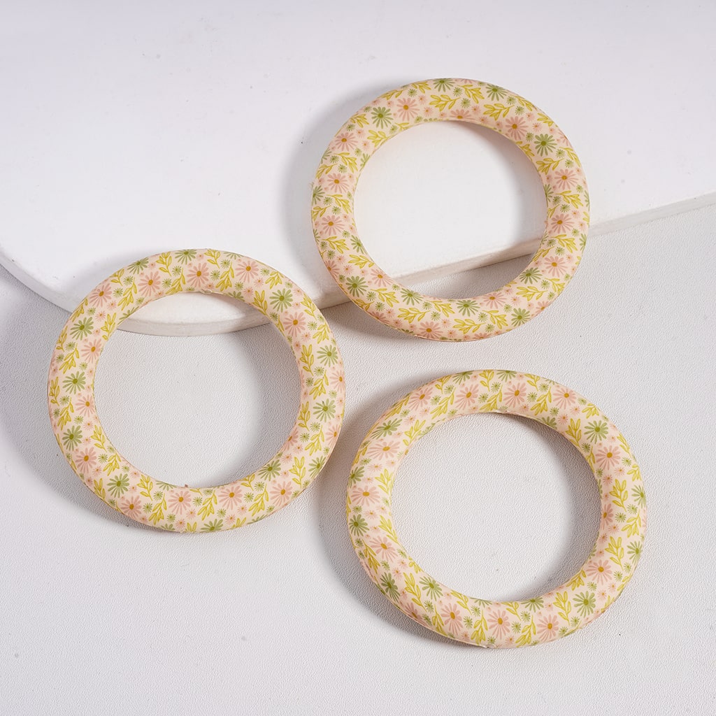 Soft Round Ring with Daisy Flower Prints Multi-Color Silicone Focal Beads 65mm