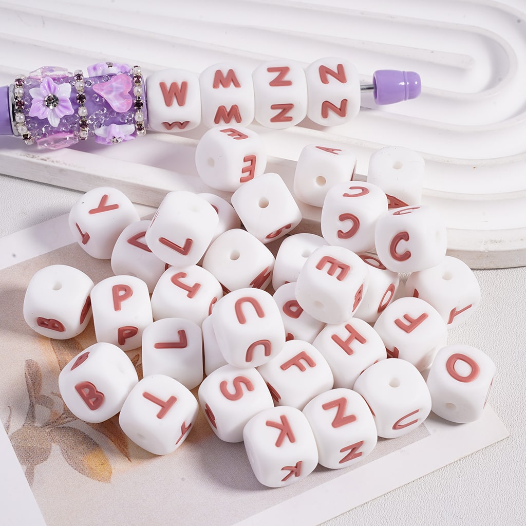 White Cube on Red Alphabet Letter Printed A to Z, Square Shape Silicone Focal Beads