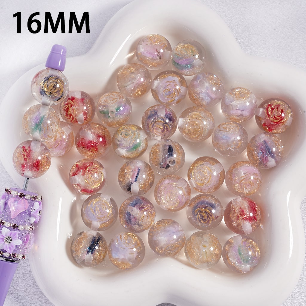 Semi‑Clear Ombre Two Rose Flowers & Gold Glitter Shiny Round Acrylic Beads Bracelet 16mm Random Mix