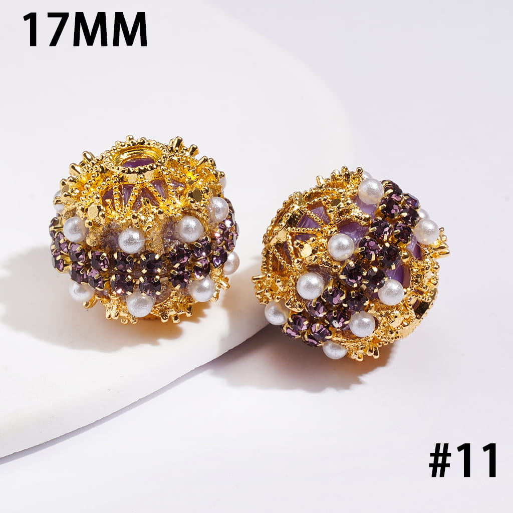Hand-Made Acrylic Beads w Gold Filigree, Double-Layer Pearls & Clear Rhinestone Chain 17MM, Multi-Color