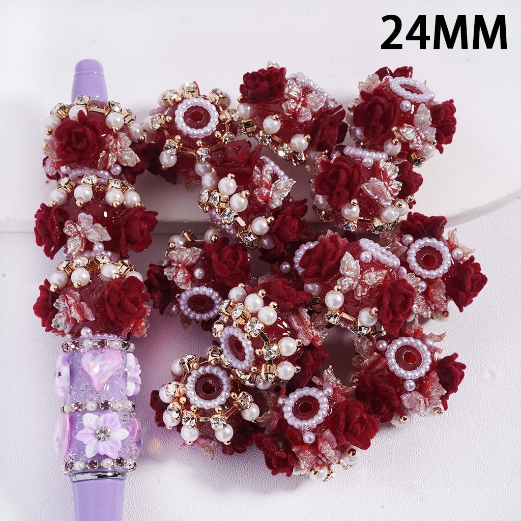 Floral Red Rose Flowers & Glitter Butterfly Acrylic Beads with Rhinestone Metal Chain & White Pearl 24mm