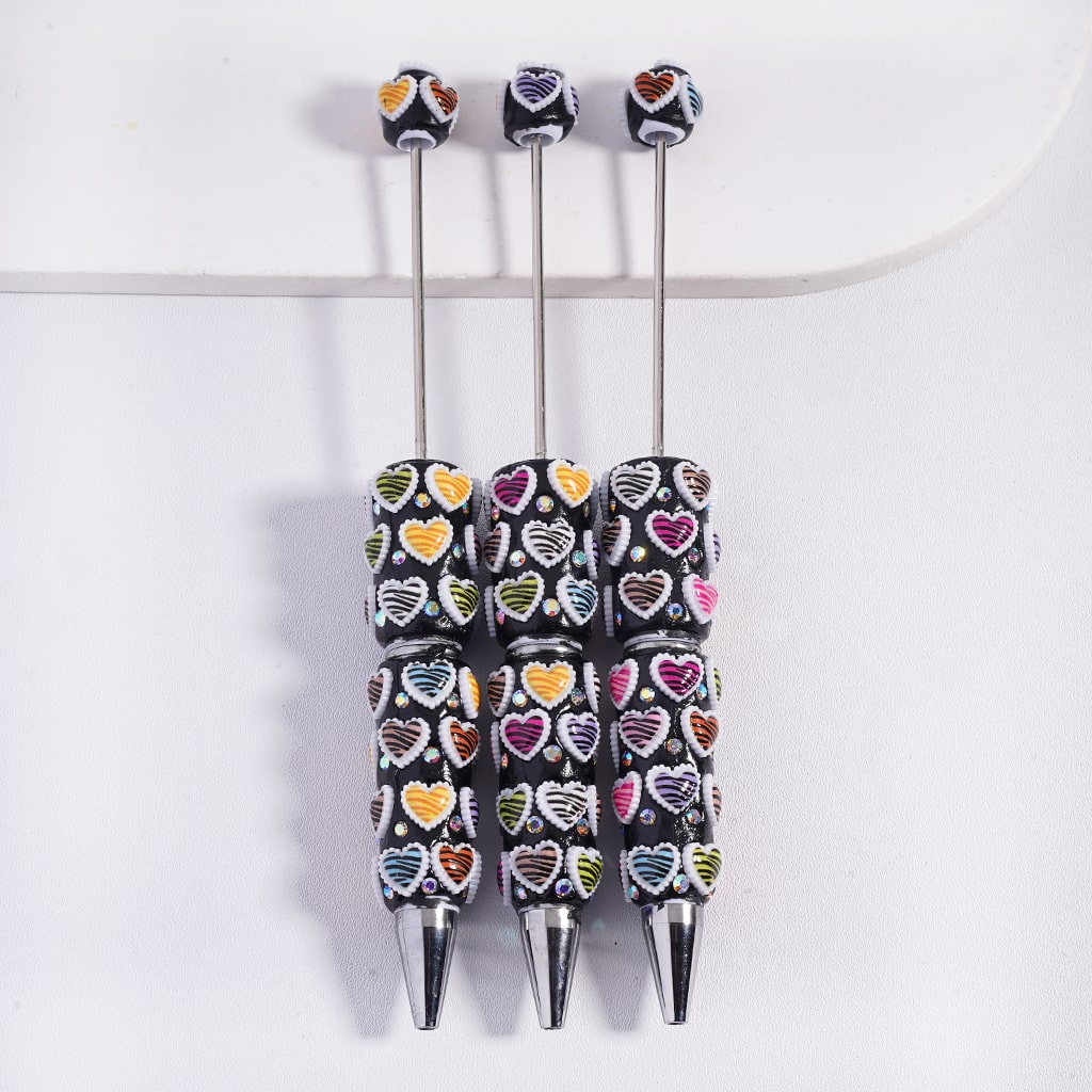 Black Stripes & Heart Designs with AB Rhinestones Beadable Clay Pens
