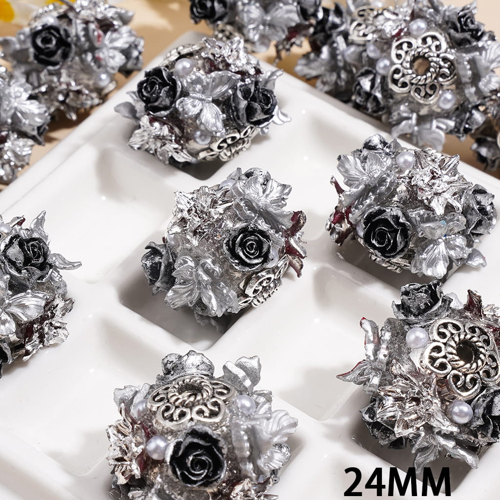 Silver Metal Flower Cap with Elegant Silver Gray Butterfly & Black Rose Floral Design and Half face Pearls Handmade Acrylic Beads, 24MM