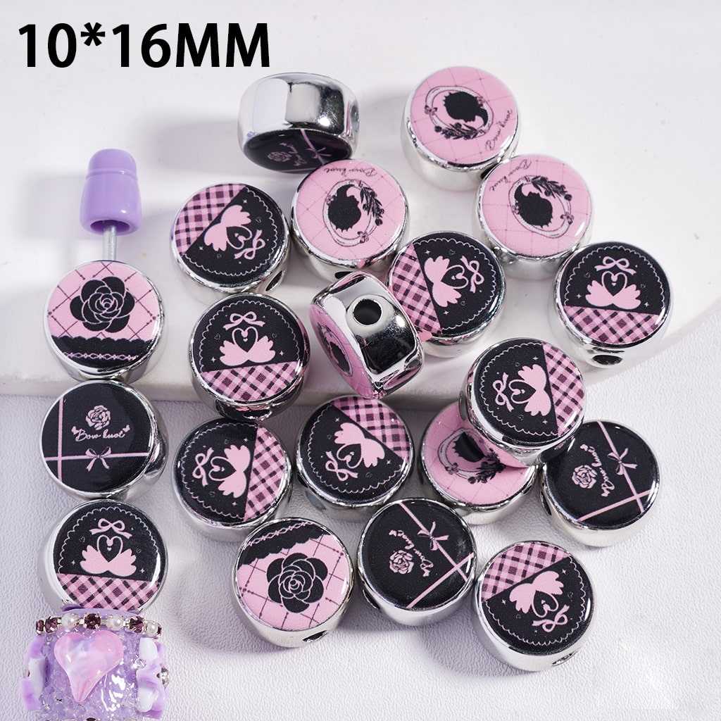 Valentine Day Theme Black & Pink Color Rose Flowers and Ring Flat Round Acrylic Beads 10*16MM,
