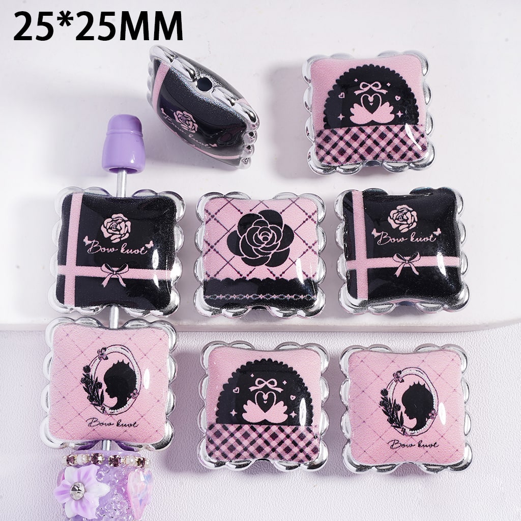 Valentine’s Day Theme Black & Pink Rose Ring Pillow Shape Design Acrylic Beads 25*25MM,