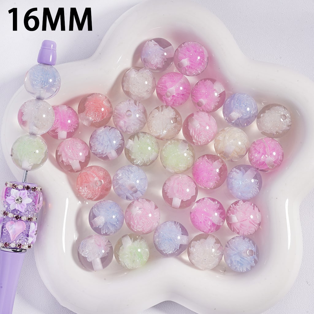 Translucent Lotus & Glitter Multicolor Shiny Round Acrylic Beads For Bracelet 16mm Random Mix