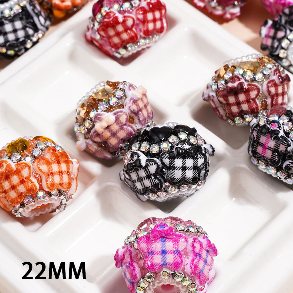 Cute Checkered Star Design with Bow, Heart Gems, Sparkling AB Rhinestones and White Pearl Chain Handmade Acrylic Beads, 22MM, Random Mix
