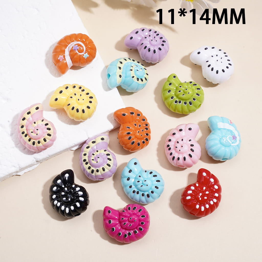 Glossy Vibrant Colorful Spiral Ocean Snail Shell with Black Dotted Pattern Acrylic Beads, 11*14MM, Random Mix