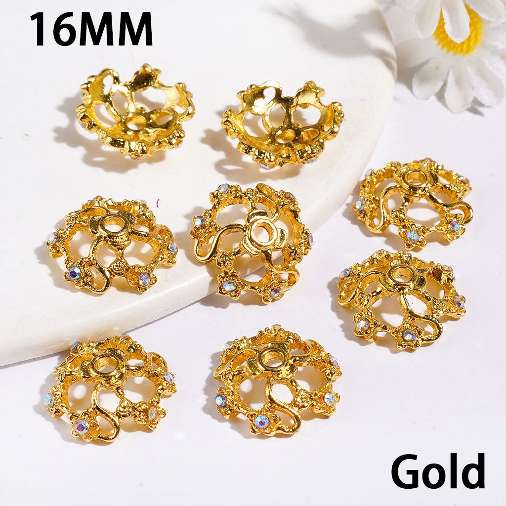 Elegant Vortical Fan-Style Metal Bead Cages with Flower & AB Rhinestones, 16MM, Metallic Colors (They Fit 16MM Beads)
