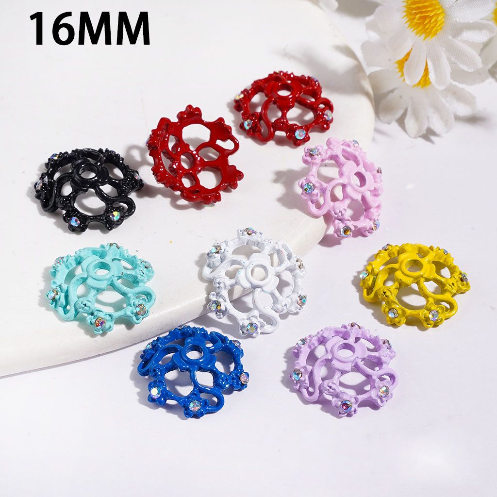 Elegant Vortical Fan-Style Alloy Bead Cages with Flower & Mini AB Rhinestones, Bead Cap, 16MM, Multi-Color, Random Mix (They Fit 16MM Beads)