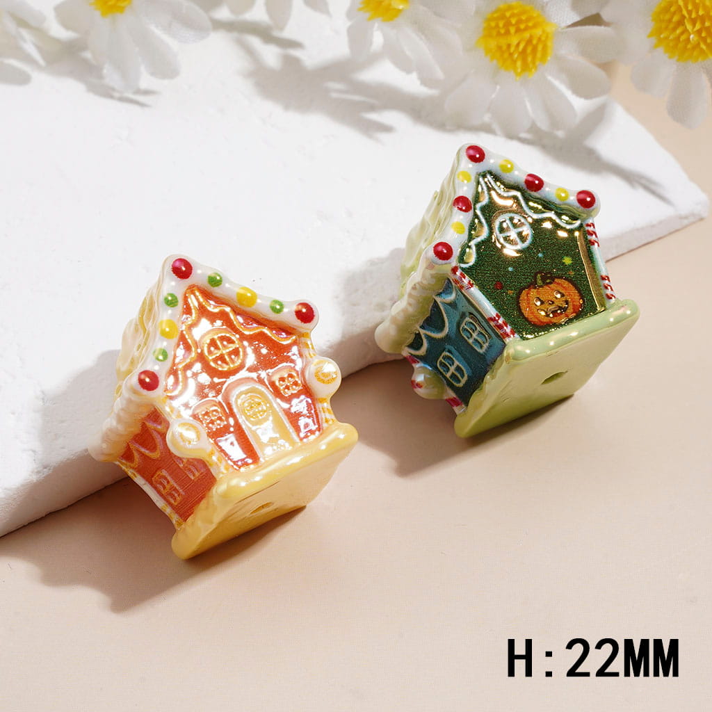 Cute Gingerbread Mini House Design with Halloween & Festive Character Prints, Glossy Finish Acrylic Beads, Height 22MM, Random Mix