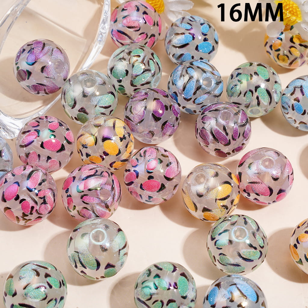 Vibrant Multicolor Leopard Print Pattern UV Coated Round Acrylic Beads, 16MM, Random Mix