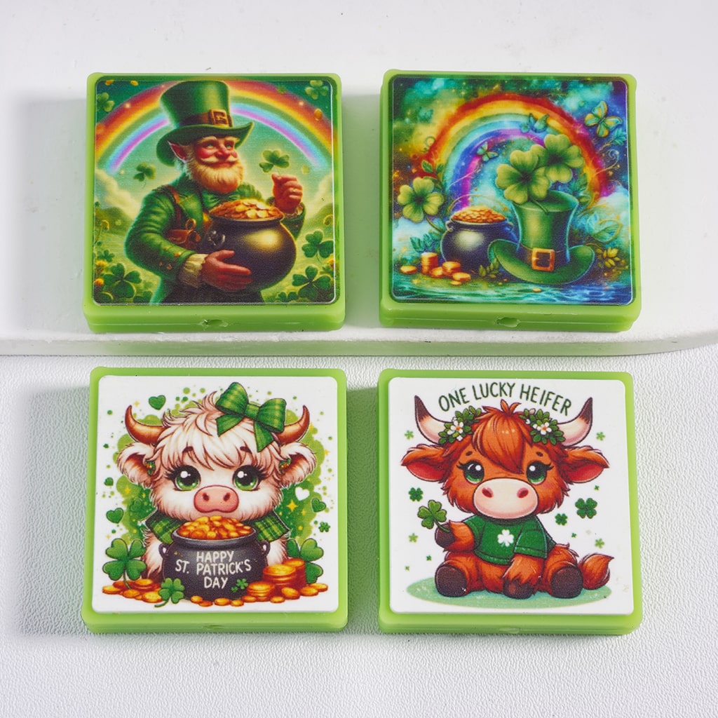 Lucky Gnome & Highland Cow St. Patrick’s Theme Flat Square Shape, Silicone Focal Beads Random Mix