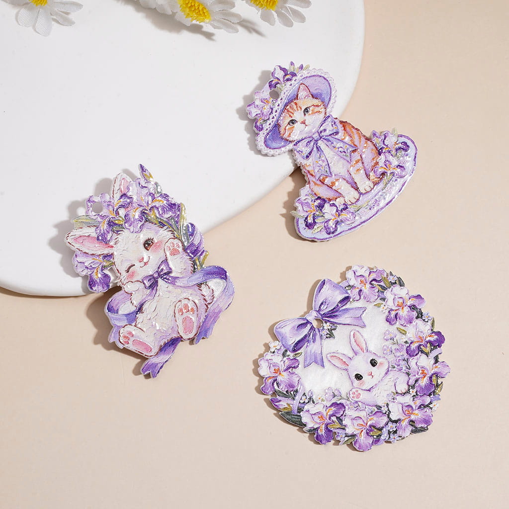 Vintage Bunny and Kitten Character with Purple Iris Floral Design Acrylic Charm Pendants, Random Mix