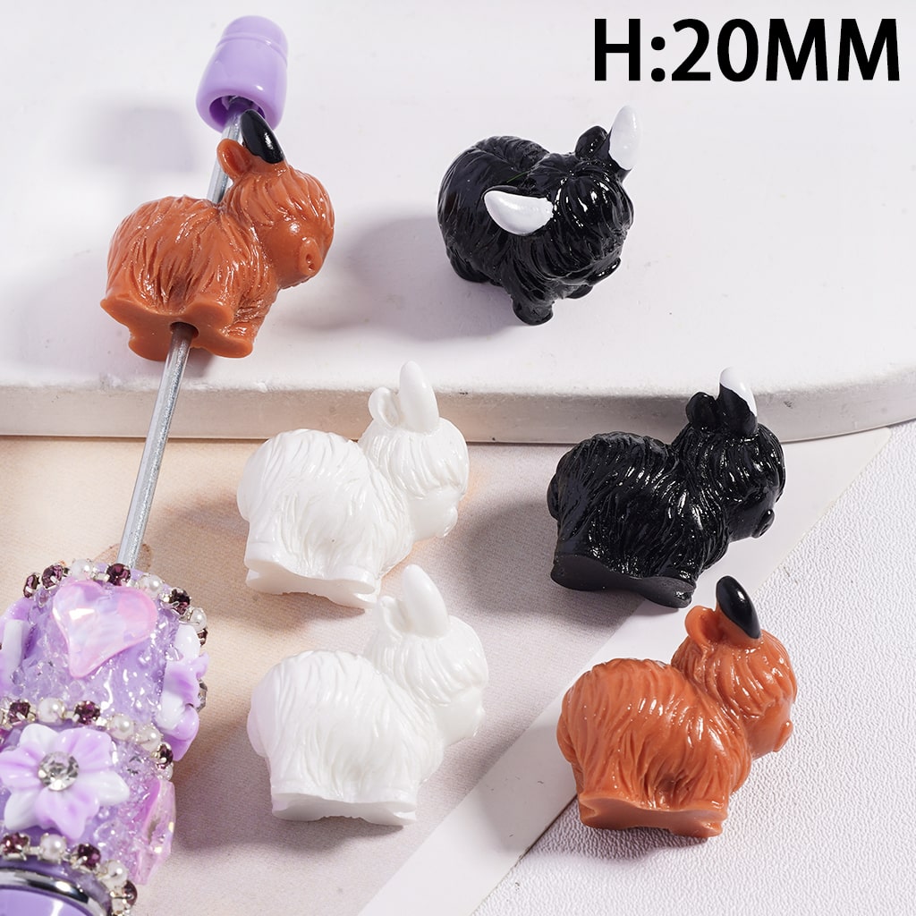 Cute Farm Animal White, Black & Brown Highland Cow Figurine Acrylic Beads for Pen Topper 20mm