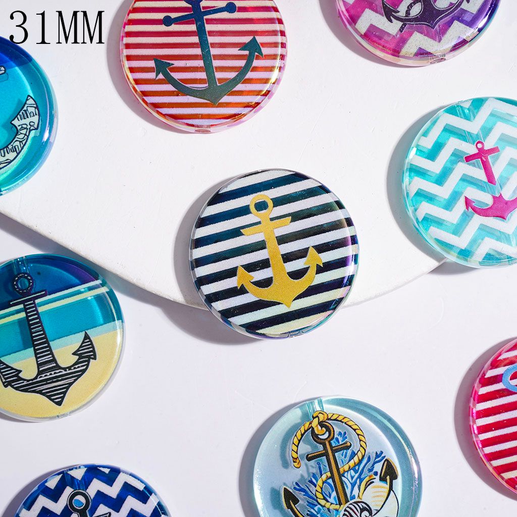 Acrylic Beads UV-Coated Nautical Anchor and Stripes, 31MM, Flat Round Shape, Random Mix