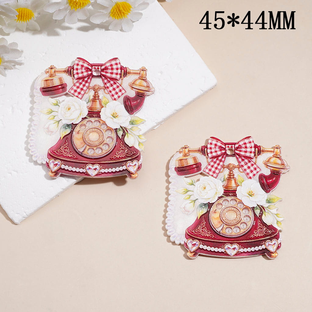 Vintage Rotary Telephone Design with Red Gingham Bow and White Floral Accents Acrylic Charm Pendants, 45*44MM