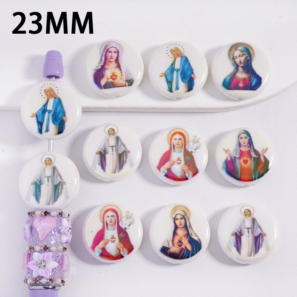 UV Coated Christianity Mary Series Prints White Flat Round Acrylic Beads 23MM Random Mix