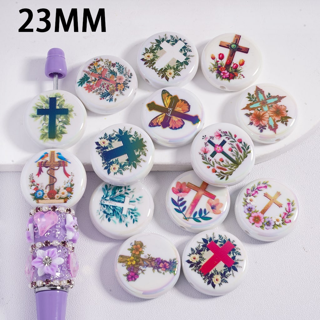 UV Coated Christian Cross, Flowers, Butterfly & Bird Prints White Flat Round Acrylic Beads 23MM Random Mix