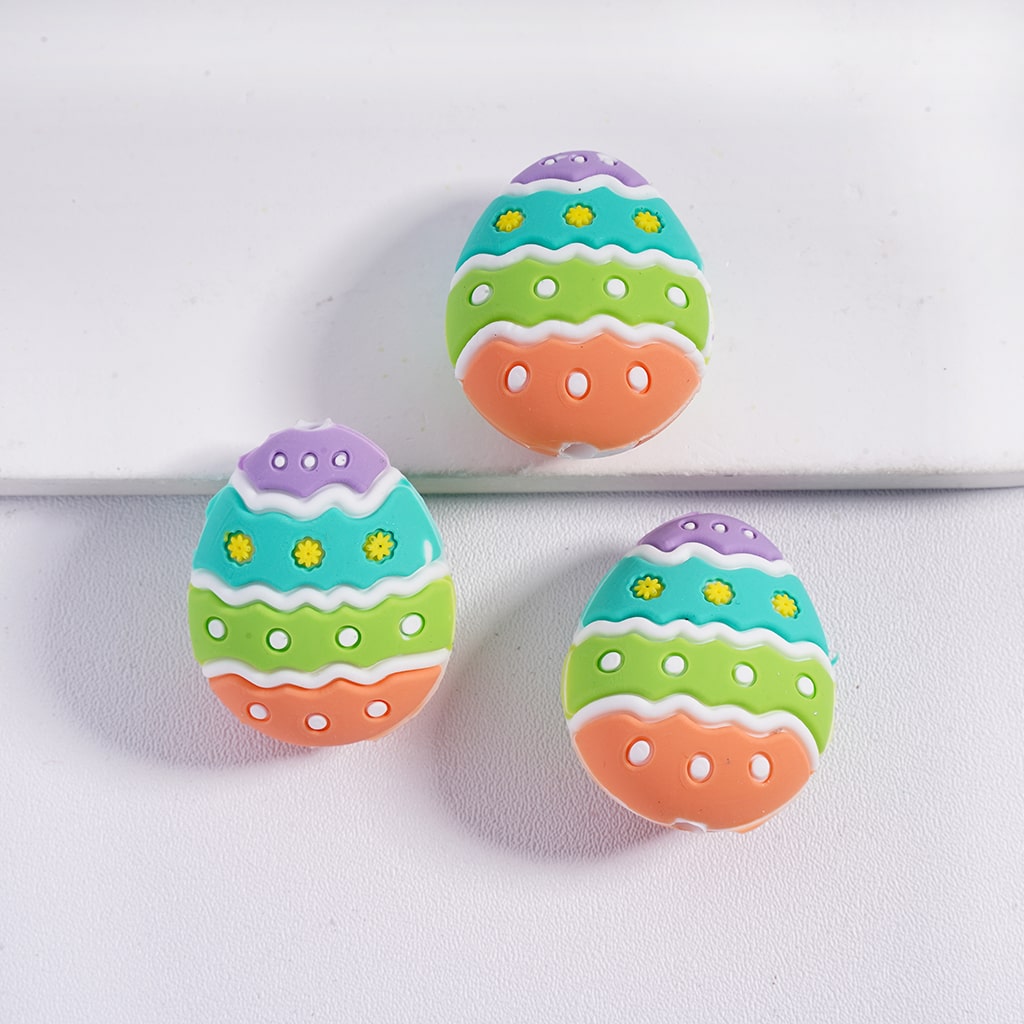 3D Colorful Easter Egg Yellow Floral & Stripes White Polka Dots Silicone Focal Beads