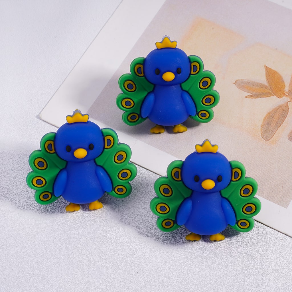 3D Cute Blue & Green Peacock with Yellow Crown on Head Silicone Focal Bead