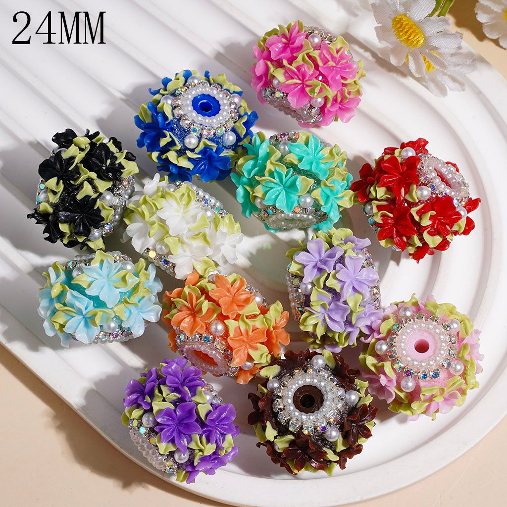 Elegant Iris Flower with Light Green Leaf, Sparkling AB Rhinestone, White Pearls & Pearl Chain Handmade Acrylic Beads, 24MM, Random Mix