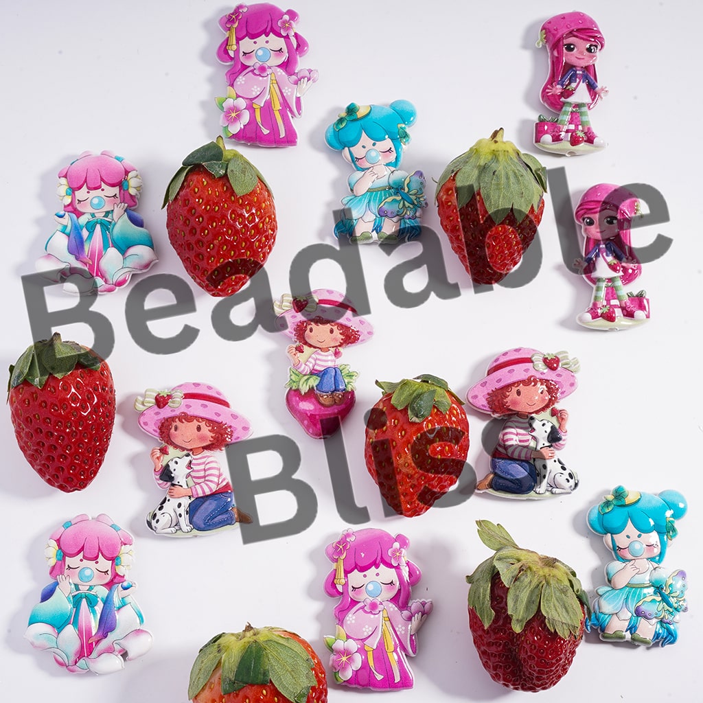 Acrylic Beads Pendant Concavo-Convex Berry Girl and Baby Girl Blow Bubbles Series Prints, Random Mix