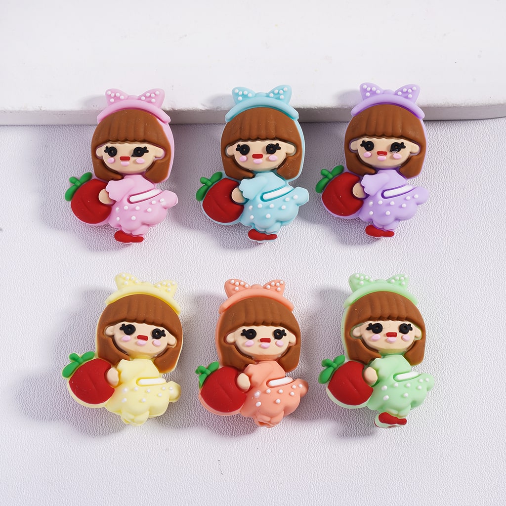 3D Cute Multicolor Baby Girl with Bow and Holding Red Apple Silicone Focal Beads Random Mix