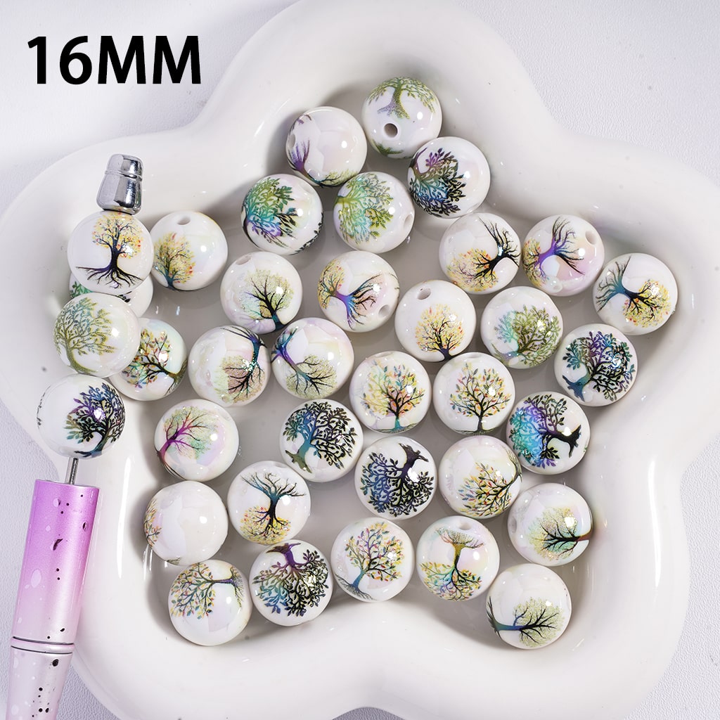 UV‑Coated Tree Pattern Print Round White Base Acrylic Beads for Bracelets 16mm Random Mix