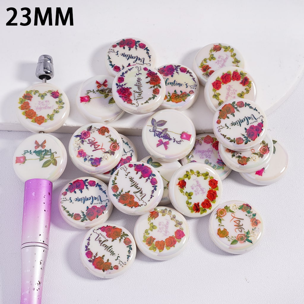 UV‑Coated Flat Round Acrylic Beads with “Happy Valentine’s Day & Love” Text and Rose Flowers Print 23mm Random Mix