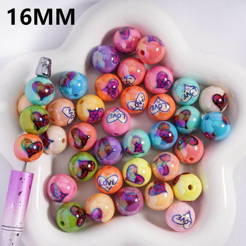 UV Coating with Text "Love is" and Hearts Valentine's Day, Multi-Color Acrylic Beads for Bracelets 16MM, Random Mix