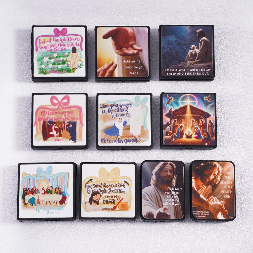 Religion Christianity Series Theme Print Flat Square & Rectangle Shapes, Silicone Focal Beads Random Mix