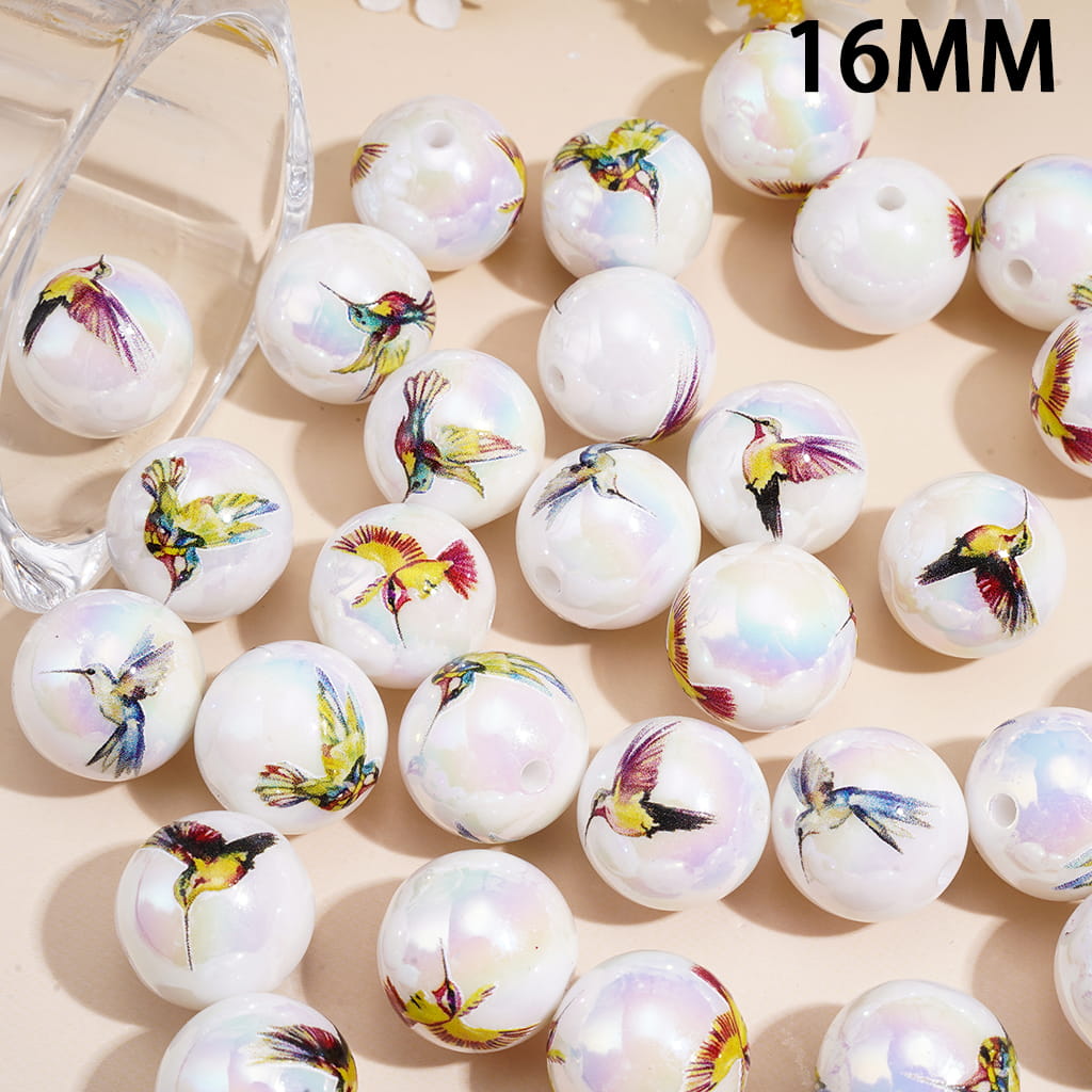 Adorable Hummingbird Theme UV Coated Glossy Printed Round Acrylic Beads for Bracelets, 16MM, Random Mix
