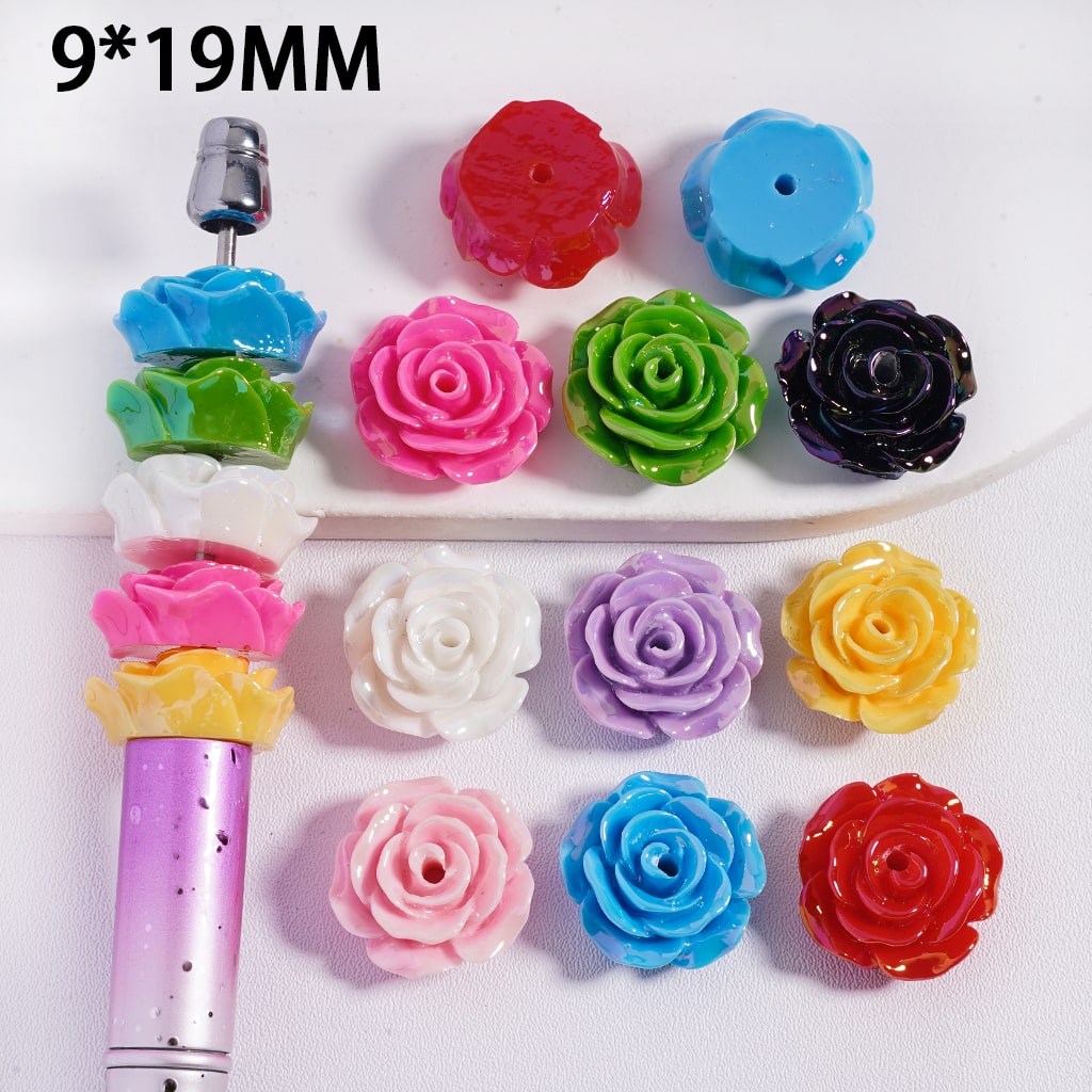 UV Coated Cute Small Rose Flower Shape Flat Back Multi Color Acrylic Beads 9*19MM, Random Mix