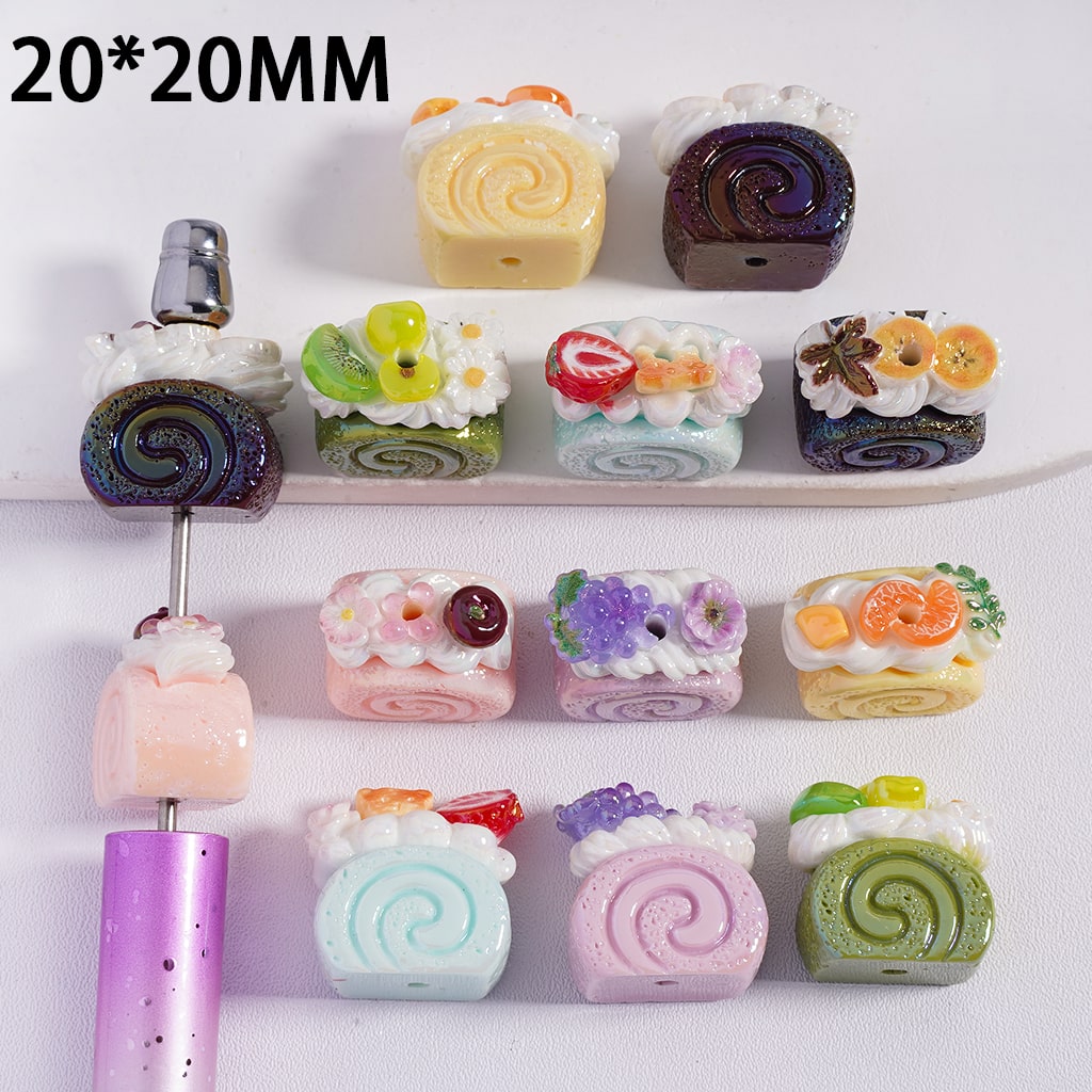UV Coated Fruit Cream Swiss Roll Pastry Dessert Shape Acrylic Beads 20*20MM Random Mix