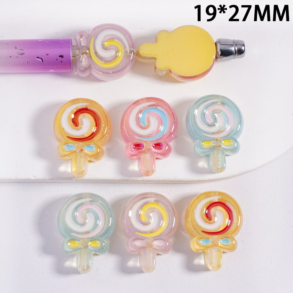 UV Coating Lollipop with Glitter and Bowtie, Flat Back Acrylic Beads 19*27MM, Random Mix