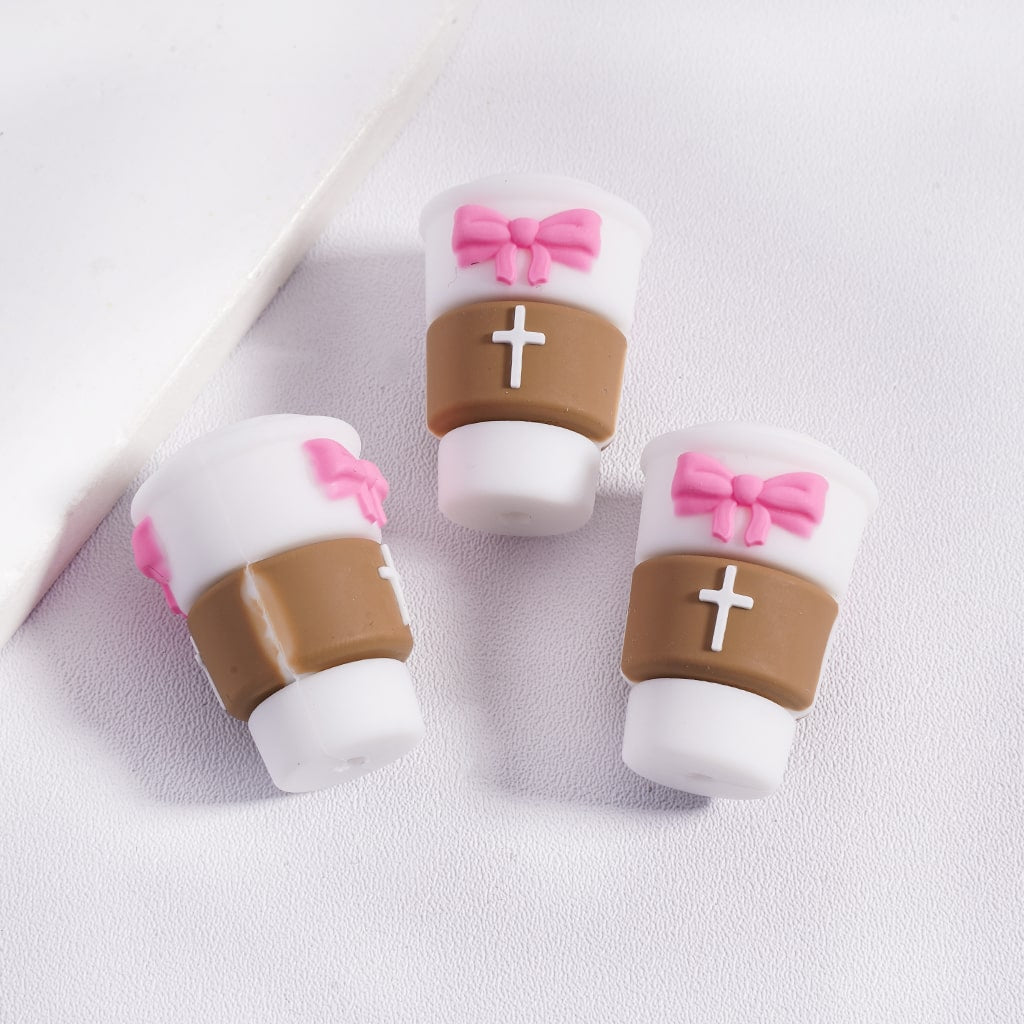 3D White Coffee Cup with Pink Bowtie Silicone Focal Bead