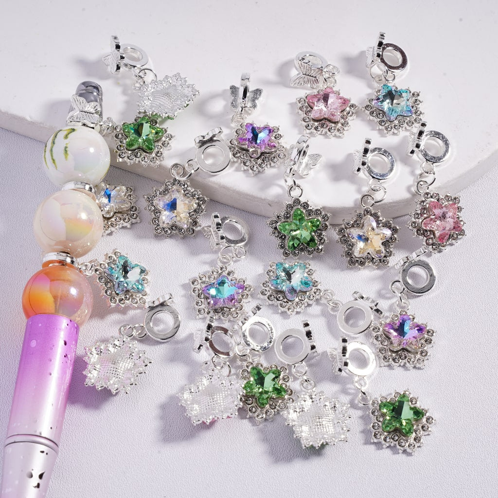 Silver Bail Beads, Butterfly Pendant with Snowflake Flower Charm, Clear Rhinestones Random Mix