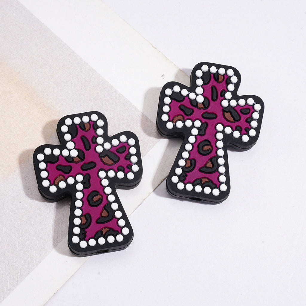Cross Shape with Leopard Print Pattern, Variant Color Silicone Focal Beads